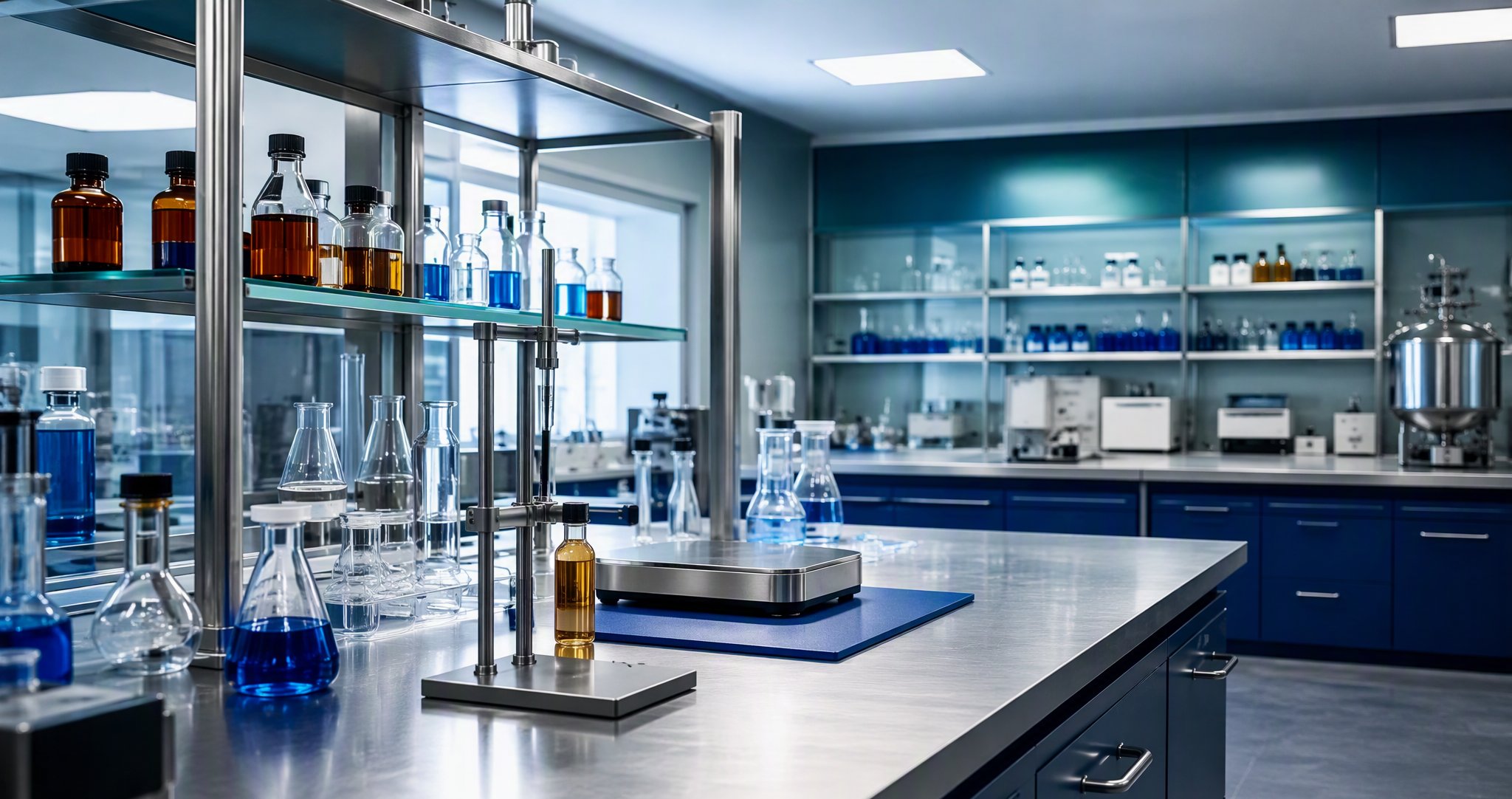 Our blending laboratory — stainless steel benches, glassware, and analytical equipment