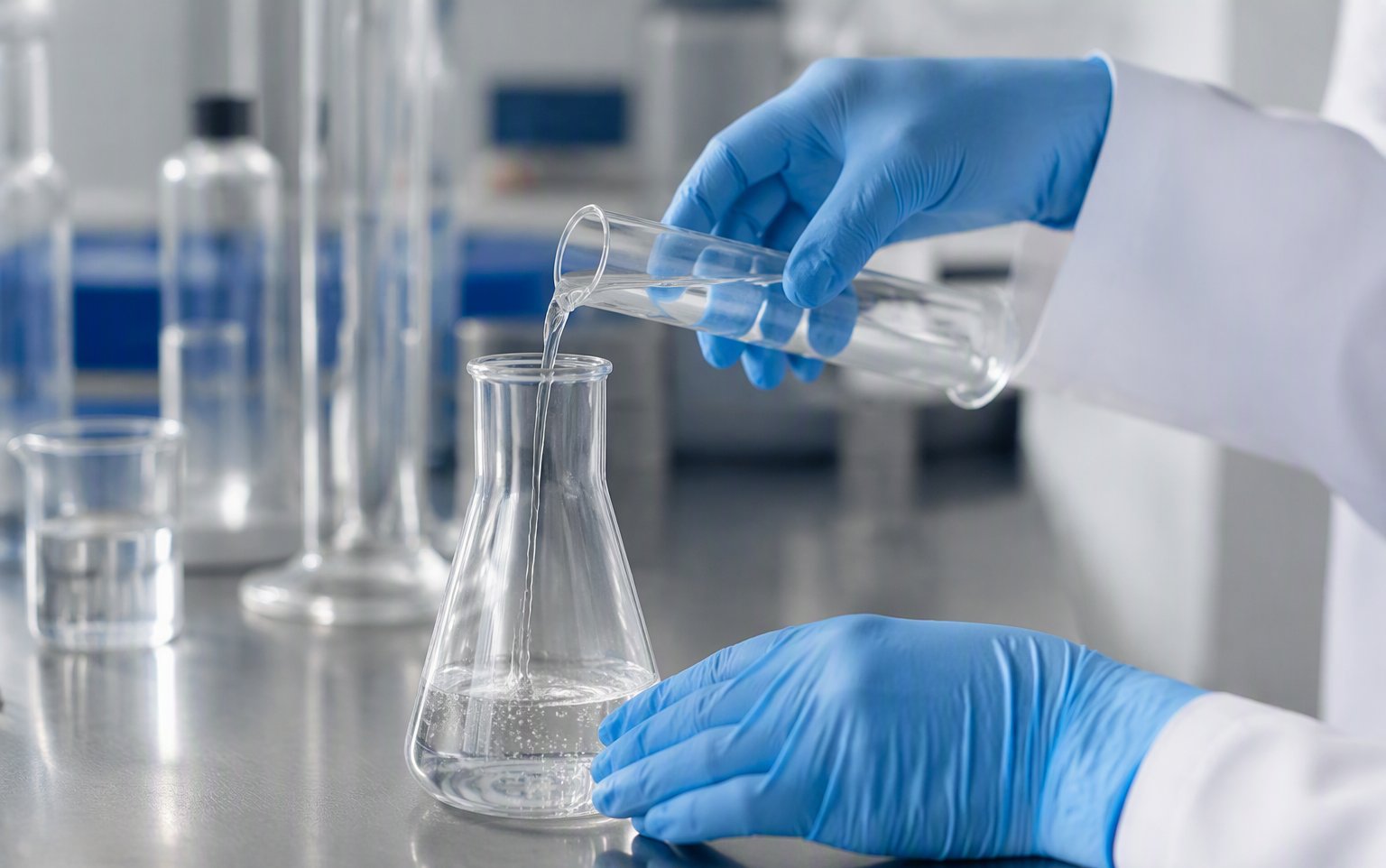 Technician pouring a solution during custom blending