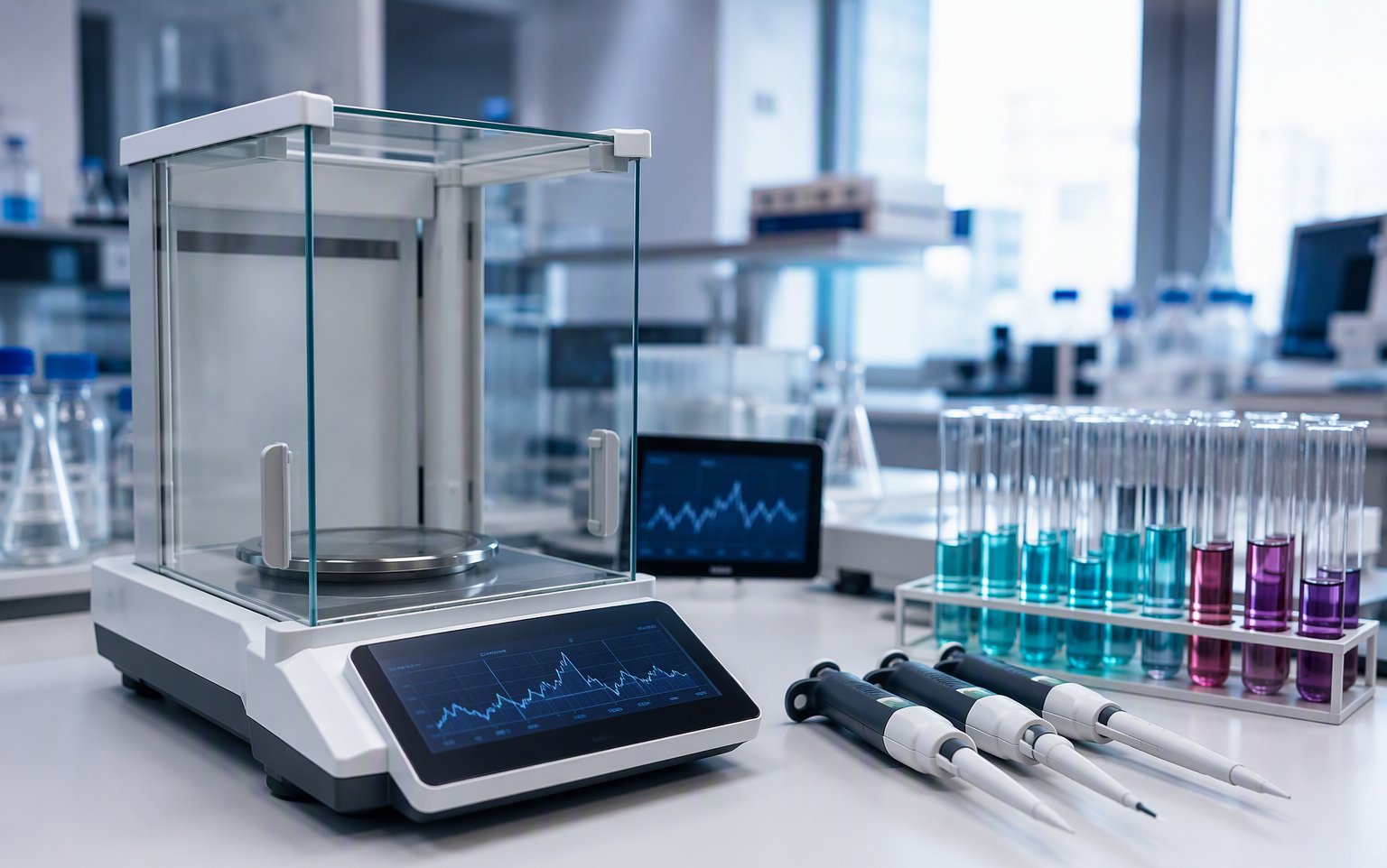 Analytical balance and pipettes used for batch verification