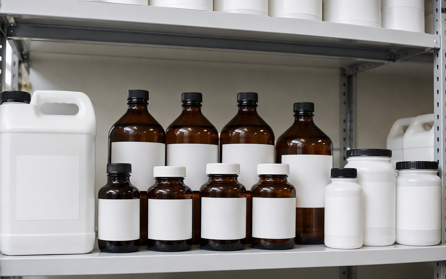 Amber glass and HDPE containers ready for filling and labeling